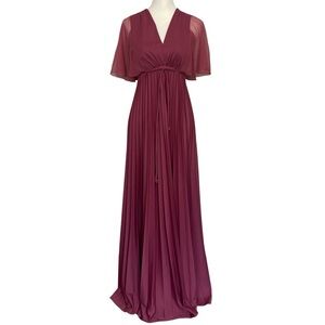 Vintage Mauve Pink Empire Waist Pleated Maxi Dress Sheer Flutter Sleeve Romantic